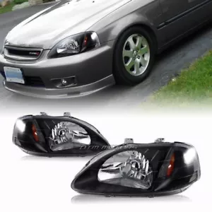 For 1999-2000 Honda Civic JDM Black Housing Headlights W/Amber Reflector Lamps - Picture 1 of 2