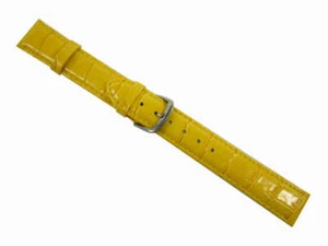 Watch Band Bracelet with Clasp Crocodile Glossy Leather 16 mm Yellow - Picture 1 of 2