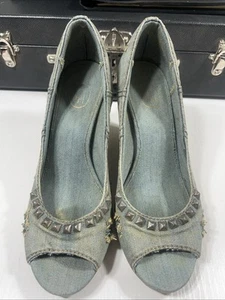 Ash High Heel 39.5 Wedge Pump Open Toe Denim Studs Distressed Light Blue Silver - Picture 1 of 24