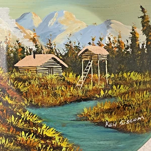 Vintage handbemalte Alaska Goldpfanne Hütte Berg Wildnis Volkskunst Ken Sissom 7 - Bild 1 von 5