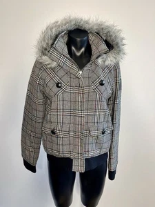 BILLABONG Women’s Black Rainbow Check Bomber Jacket With Faux Fur Hood Size 12 - Picture 1 of 11