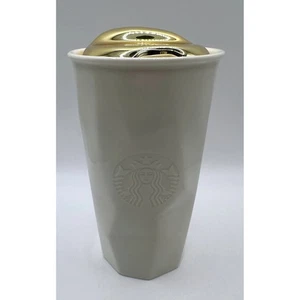 Starbucks 2013 Gold Lid Faceted Ceramic White Mug 10oz Embossed Logo - Picture 1 of 6