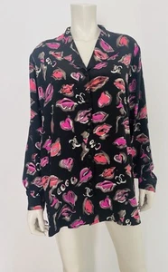 CHANEL Silk Shirt Top Blouse 1992 Lips Paint Chart CC Logo Black Print Size L - Picture 1 of 23