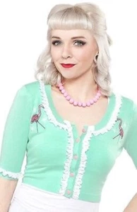 SOURPUSS BELLA FLAMINGO PINK TATTOO RETRO 50s PUNK PINUP CARDIGAN SWEATER-S - Picture 1 of 3
