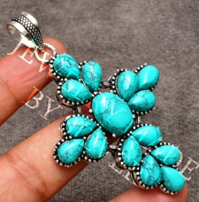 Ciondolo gioiello fatto a mano in argento sterling 925 con pietra turchese 2,85" - Immagine 1 di 4