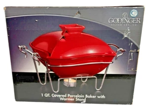 Siena Godinger Silver Art Co 1 Qt Covered Porcelain Baker Warmer Stand NIB Red - Picture 1 of 16