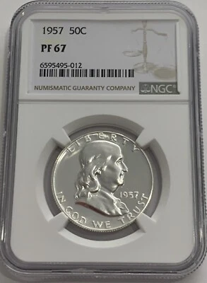 1957 NGC PF67 Silver Proof Franklin Half Dollar 50c 90% Silver White Label - Image 1 of 3