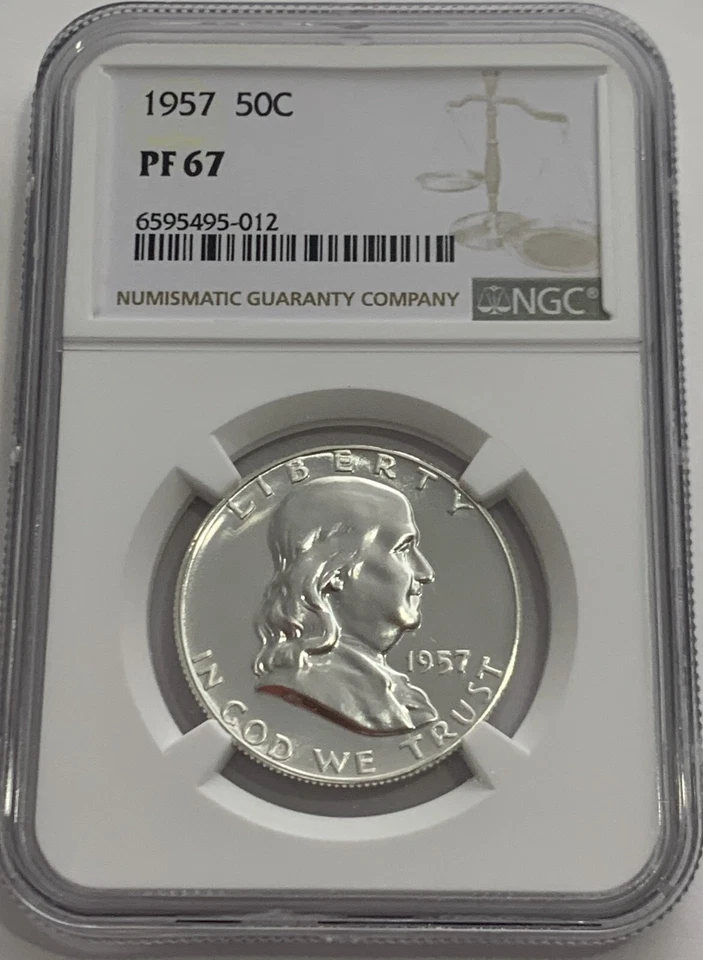1957 NGC PF67 prata prova Franklin meio dólar 50c 90% prata etiqueta branca - Imagem 1 de 3