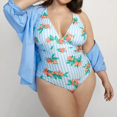 女式 V 领连体泳衣桃色蓝色白色条纹复古桃子 3X 4X — 第 1/4 张图片