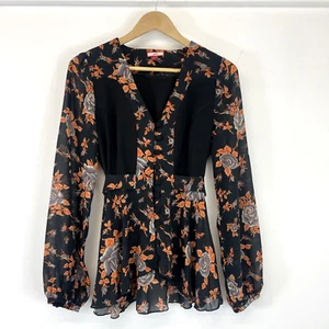 Joe Browns Black Orange V Neck Long Sleeve Rose Pattern Peplum Top Size UK 10 - Picture 1 of 10