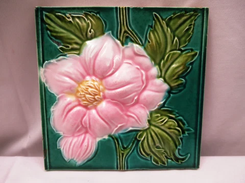 Antique Tile Art Nouveau Majolica Japan Pink Flower High Embossed Collectib *508 Cover