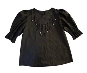 Vintage Malco Modes Black Blouse Square Dance Silver Beaded Fringe Top 2422 Sz M - Picture 1 of 7