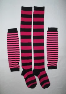 Striped over the knee socks & fingerless elbow gloves set pink & black nip goth - Picture 1 of 2