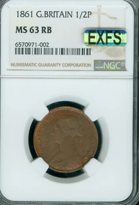 1861 GREAT BRITAIN 1/2 PENNY NGC MS63 RB MAC EXFS SPOTLESS * - Picture 1 of 2