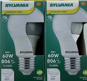 Sylvania 8W LED ES = old 60 Watt bulb 806lm Warm White Twin Pack E27 29581 - Picture 1 of 11