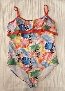 Disney Minnie Mouse UPF50 Bathing Suit Large Red Blue Green Palms One Piece Swim - Picture 1 of 8