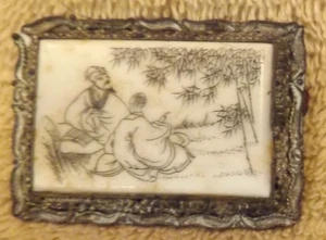 Vintage Pin-Back with silver frame and white stone with Chinese Garden Scene - Picture 1 of 4