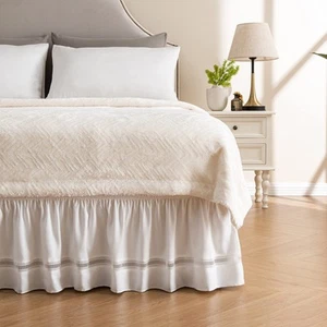 Wrap Around Ruffled Lace Bed Skirt, Elastic Dust Ruffle with Adjustable Belts... - Picture 1 of 6