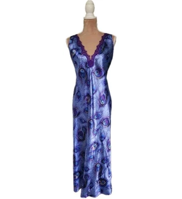 Peacock Novelty Print Slip Dress Small Nightgown Lingerie Long Maxi Blue Purple  - Image 1 of 4