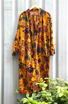 Abrigo Kimono, Chaqueta Larga de Terciopelo, Abrigo Mujer India Estampado Floral Prendas de abrigo Foto 1 de 4