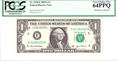2003A $1 FRN PCGS Very Choice New 64PPQ Fancy TRUE 0/1 BINARY Serial #E01101101B - Image 1 of 2