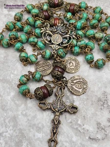 Healing Saints Lourdes Fatima Jude Raphael Rosary |Heritage Bronze |Turquoise - Picture 1 of 8