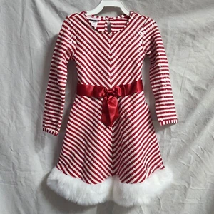 Bonnie Jean Girls Christmas Dress Size 4 / 4T Striped Red and White w/ Faux Fur - Picture 1 of 3