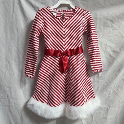 Bonnie Jean Girls Christmas Dress Size 4 / 4T Striped Red and White w/ Faux Fur - Image 1 of 3