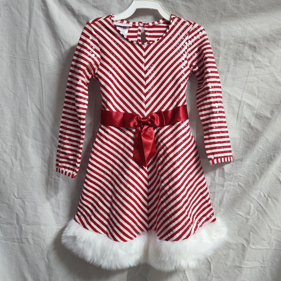 Bonnie Jean Girls Christmas Dress Size 4 / 4T Striped Red and White w/ Faux Fur - Image 1 of 3