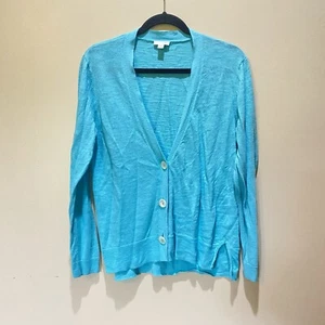 J Jill Cardigan Sweater Womens Size Med Linen Cotton Knit Button Up Aqua Blue - Picture 1 of 8