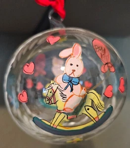 VINTAGE CHRISTMAS ORNAMENT BABIES FIRST 12" ROUND HANDPAINTED BUNNY ON TOY HORSE - Picture 1 of 2
