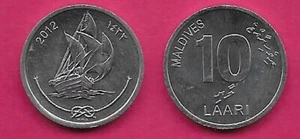 MALDIVES ISLANDS 10 LAARI 2012 UNC TWO BONITO FISH SWIMMING UPWARD LEFT,SCALLOPE - Picture 1 of 1