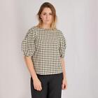 M&CO Check Blouse Pale Lemon Black Gingham Check Big Puff Sleeve to Elbow