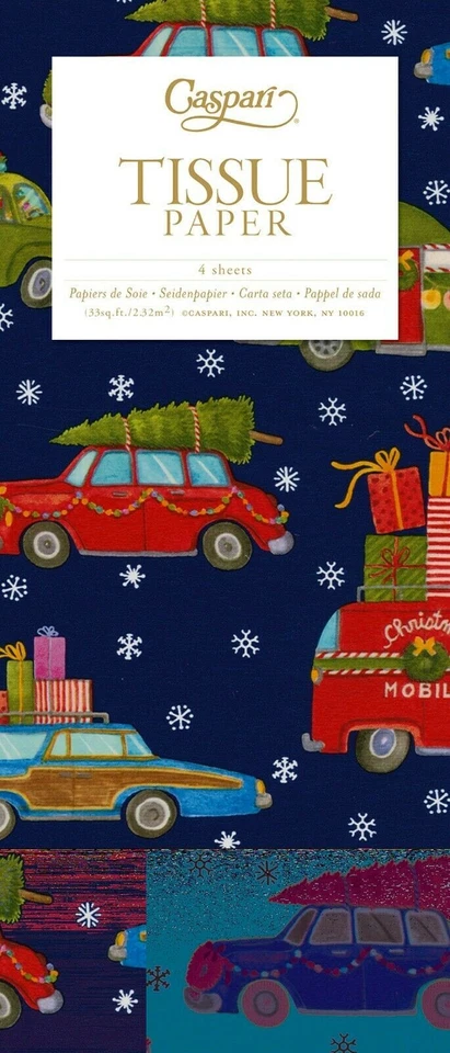 Christmas rush Cars Trees Caspari Tissue Wrapping Paper 4 sheets 50x75cm - Image 1 of 1