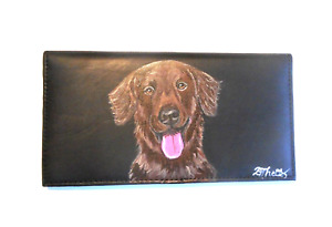 Flat Coated Retriever Dog Painting Checkbook Cover Hand Painted Leather