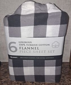Luxurious Turkish Cotton 6 Piece Flannel Sheet Set, Black/White Plaid, Queen