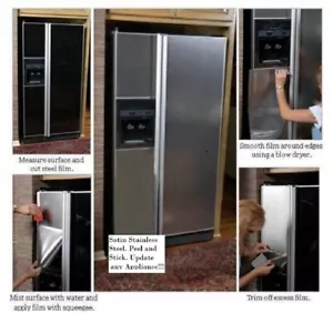 Panel de puerta de refrigerador de acero inoxidable cubierta envolvente hoja envoltura vinilo calcomanía 3'x6' - Imagen 1 de 10