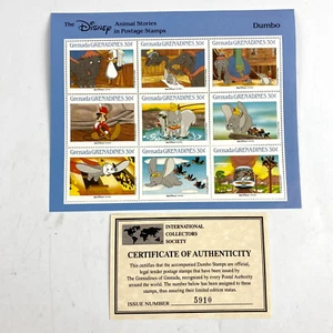 Disney Postage Stamps Animal Stories in Grenada Dumbo w/ Certificate Vintage - Picture 1 of 5