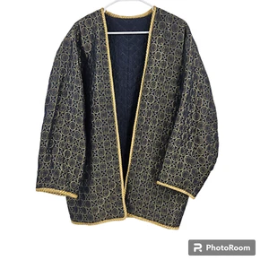 Vintage 1980s Isaac Mizrahi Jacket Blue Gold Metallic Silk Wool Floral Quilted S - Picture 1 of 10