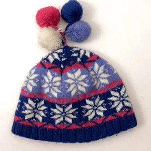 LL bean Colorful Blue Pink Snowflake Ski Hat Size Small Four pom Poms - Picture 1 of 7