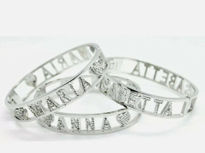 Bracciale Donna Rigido Acciaio Inox E Strass Con Nome Colore Argento Bracelet  - Immagine 1 di 1