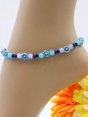 Anklet Necklace Cateye Beads Millefiori Glass Beads Blue Turquoise #JA082 - Image 1 of 3