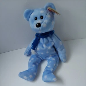 Ty Beanie Neu mit Etikett "1999 Holiday Teddy" blau Schal Baby Buddy Schneeflocken - Bild 1 von 9