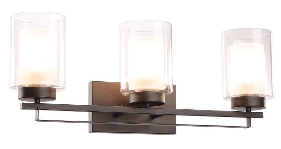 3 Wall Light Bathroom Vanity Lighting With Dual Glass Shade Dark Bronze Indoor