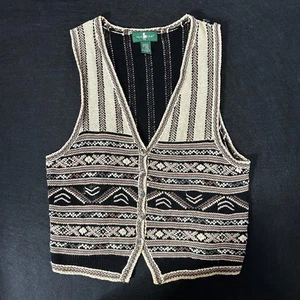 Hunt Club Vintage 90s Sweater Vest Sleeveless Knit Aztec Pattern Button Up Sz M - Picture 1 of 9