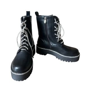AZALEA WANG Attentive Bootie Women's 7.5 Silver Bling Combat Boots Glam Moto - Picture 1 of 9