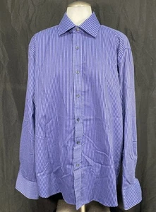 Christian Aujard Mens Blue Stripe Paisley Flip Cuff Button Up Dress Shirt Large - Picture 1 of 8