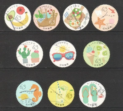 JAPAN 2021 SUMMER GREETINGS COOL & ENJOYABLE 63 YEN COMP. SET OF 10 STAMPS USED - Image 1 of 4