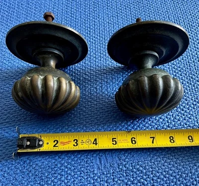 Pair Antique Oversized Bronze Gothic Fluted Entry Door Knobs with Backplates - Image 1 of 4