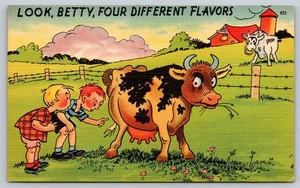 Postcard Comic Humor Look Betty Four Different Flavors Children Cows Linen c1940 - Picture 1 of 2